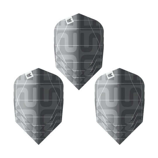 Das Bild zeigt drei Sätze der Target Pro Ultra Aspinall X Echo No6 Flights. Die Flights sind in einem modernen Schwarz-Grau-Design mit geometrischem Muster gehalten.