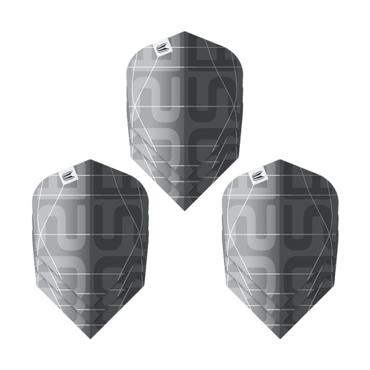 Target Pro Ultra Aspinall X Echo No6 Flights - 3 Sets Das Bild zeigt drei Sätze der Target Pro Ultra Aspinall X Echo No6 Flights. Die Flights sind in einem modernen Schwarz-Grau-Design mit geometrischem Muster gehalten.