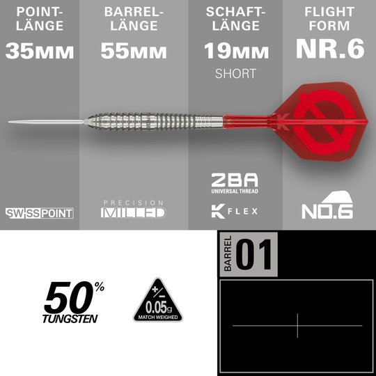 Target Group O 01 Swiss Points Steeldarts Das Foto zeigt das Target Group O 01 Swiss Points Steeldarts Set aus einer anderen Perspektive. Die Struktur der Darts wird betont.