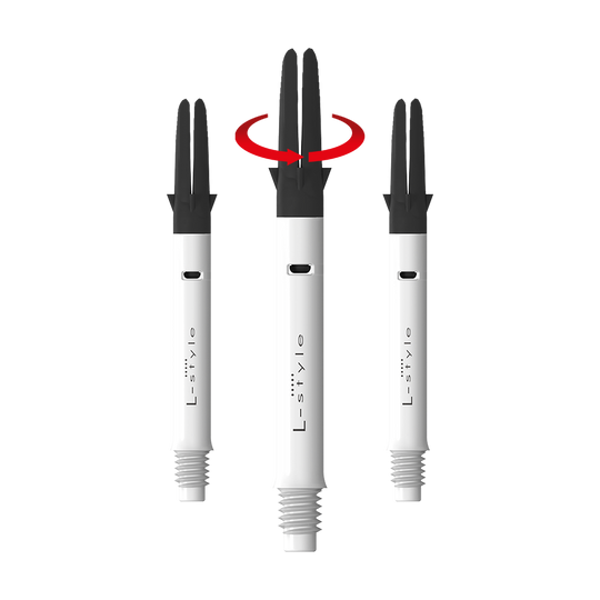 L-L-Style-Shaft Carbon Silent Straight - White Auf dem Bild sind drei weiße Dartschäfte der Marke L-Style mit schwarzen Spitzen zu sehen. Über dem mittleren Schaft ist ein roter Pfeil, der auf eine Drehbewegung hinweist.