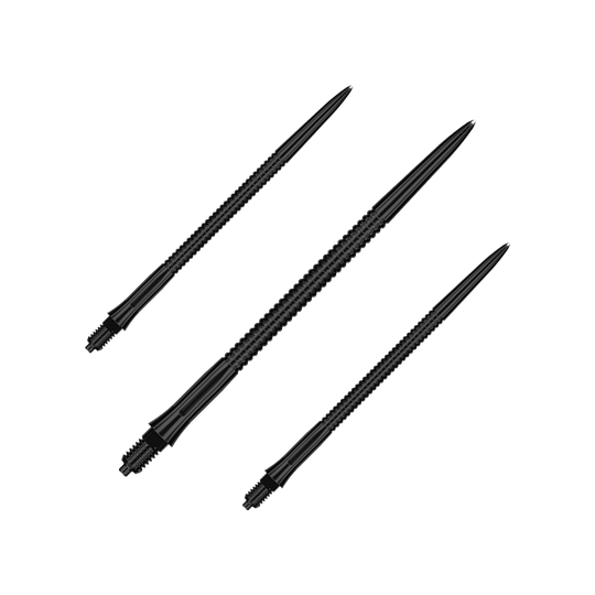 Ein Satz schwarzer Dartspitzen mit Rillenstruktur, 45 mm lang. Sie sind für Dartspiele geeignet.