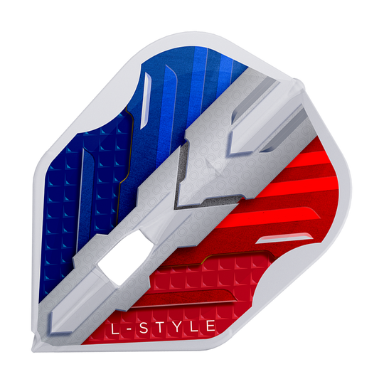 Das Bild zeigt das Produkt "L-Style V-Series V1 Type B France Clear White L3PRO Flights". Die Dart-Flight ist in den Farben Blau, Weiß und Rot gestaltet und trägt die Aufschrift "L-STYLE".