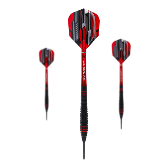 Harrows ACE Rubber Grip Soft Darts Auf dem Bild sind drei Harrows ACE Rubber Grip Softdarts zu sehen. Die Pfeile haben rote Flights mit schwarzem und silbernem Muster sowie schwarze Griffe mit roten Akzenten.