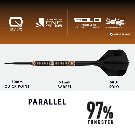 Gezeigt werden die Harrows Wolfram Trinity Quick Point Steeldarts. Diese Darts zeichnen sich durch ihre hohe Präzision und Verarbeitung aus.
