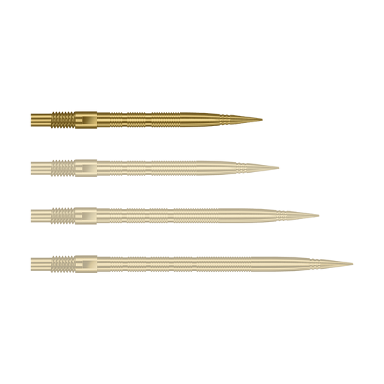 Abgebildet sind goldene MicroRidge Dartspitzen mit einer Länge von 26 mm. Das Produkt ist vermutlich von Harrows, Modell Quick Point.