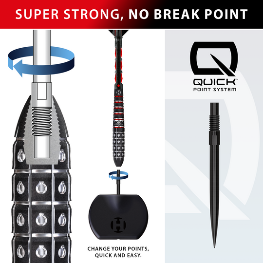 Das Bild stellt die Harrows Ryan Searle Series 3 Quick Point Steeldarts dar. Die Steeldarts sind robust und für fortgeschrittene Spieler geeignet.
