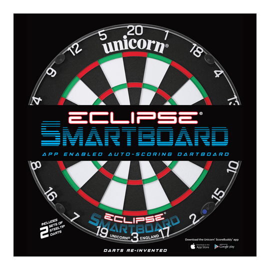 Unicorn Eclipse Smartboard steel dartboard Das Bild zeigt das Produkt "Unicorn Eclipse Smartboard Steeldartboard". Es handelt sich um eine App-unterstützte Steeldart-Scheibe mit automatischer Punkteauswertung.