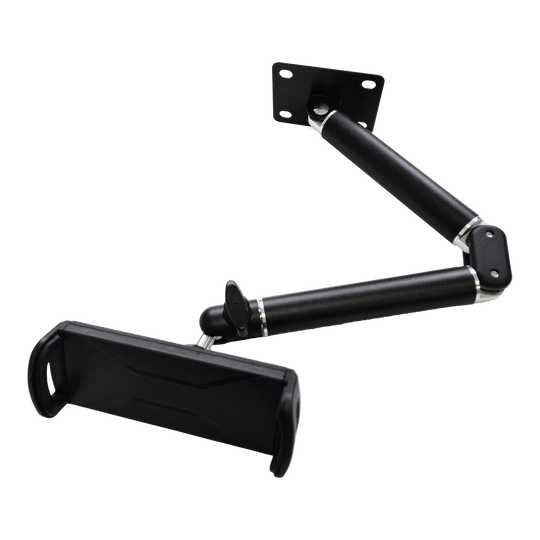 McDart TABFlex tablet wall mount with flexible arm Die Abbildung zeigt die McDart TABFlex Tablet-Wandhalterung mit flexiblem Arm. Die Halterung ist schwarz und kann an der Wand befestigt werden, um ein Tablet flexibel auszurichten.
