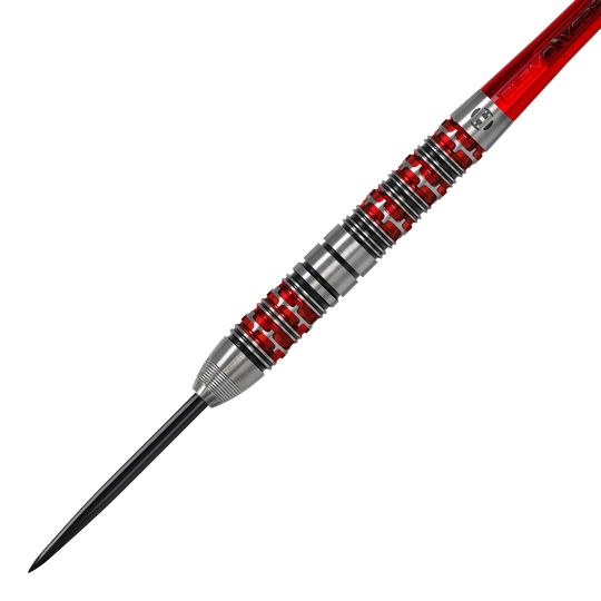 Das Bild zeigt einen Harrows Damon Heta Series 3 Steeldart. Der Dartpfeil hat ein silbernes Barrel mit roten und schwarzen Akzenten.