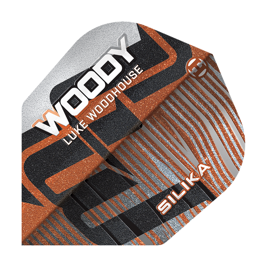 Auf dem Bild ist der Harrows Silika Luke Woodhouse Series 3 No6 Flights Dart Flight zu sehen. Das Produkt wird für den Dartsport verwendet.