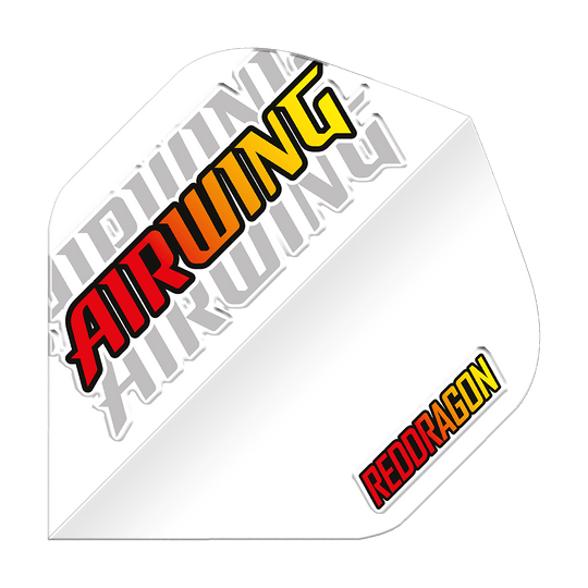 Red Dragon Airwing Red Logo Standard Flights Dieses Bild zeigt ein weißes Dartflügel-Produkt mit der Aufschrift „AIRWING“ in Rot, Orange und Gelb. In der unteren rechten Ecke steht das Logo „REDDRAGON“ ebenfalls in Rot und Gelb.
