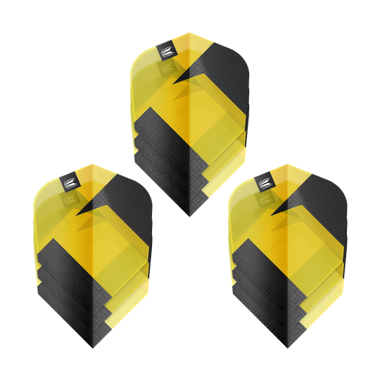Target Pro Ultra TAG Yellow Ten-X Standard Flights - 3 Sets Das Bild zeigt drei gelb-schwarze Dart-Flights des Produkts "Target Pro Ultra TAG Gelb Ten-X Standard Flights". Die Flights haben ein modernes, geometrisches Design und werden als 3er-Set angeboten.