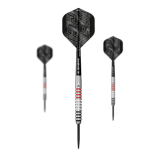 Mission Wessel Nijman steel darts - 23g Das Bild zeigt drei Steeldarts des Produkts "Mission Wessel Nijman Steeldarts - 23g". Die Darts haben silberne Spitzen mit schwarzen und roten Akzenten sowie schwarze Flights mit weißem Schriftzug.