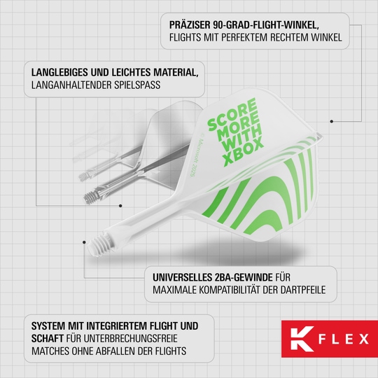 Abgebildet sind die Target Xbox K-Flex No6 Flights - Weiß. Es handelt sich um weiße Dart-Flights in No6-Form von Target.
