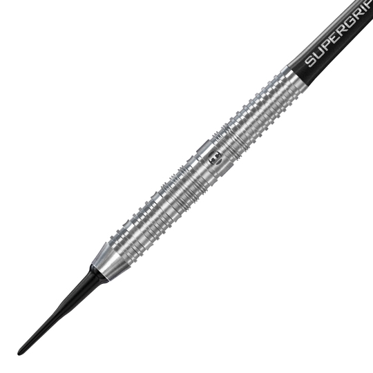Harrows NX90 Parallel Softdarts Das Bild zeigt einen Harrows NX90 Parallel Softdart mit silbernem, geriffelten Barrel. Die Spitze ist schwarz und der Schaft trägt die Aufschrift "SUPERGRIP".