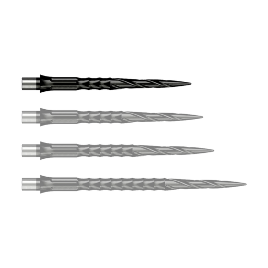 Caliburn System steel dart tips - Spiro - No Lip - Black Das Foto zeigt Caliburn Evo System Steeldartspitzen Spiro NoLip Black in 28 mm Länge. Diese Dartspitzen sind in Schwarz gehalten und besonders langlebig.