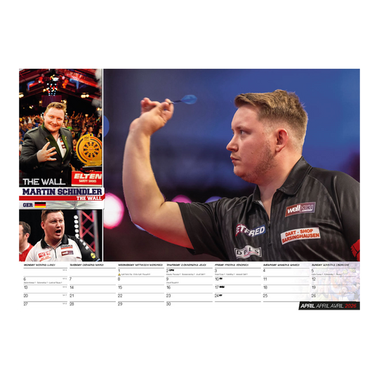 Dieses Bild stellt den Darts Kalender 2026 dar. Der Kalender bietet verschiedene Darts-Bilder für jeden Monat im Jahr 2026.