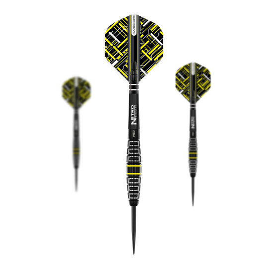 Das Bild zeigt drei Steeldarts des Modells "Red Dragon Astraeus Q4X Torpedo". Die Darts sind schwarz mit gelben Akzenten und haben auffällig gemusterte Flights.