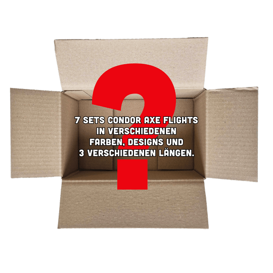 McDart Condor Mystery Box Das Bild zeigt einen offenen Karton mit einem großen roten Fragezeichen darauf. In der Mitte steht der Text: "7 Sets Condor Axe Flights in verschiedenen Farben, Designs und 3 verschiedenen Längen."