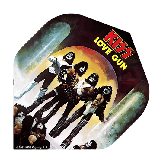Mission Kiss Love Gun No2 Standard Flights Das Bild zeigt ein Dart-Flügel mit dem Motiv des KISS-Albums „Love Gun“. Darauf sind die Bandmitglieder in ihren charakteristischen Kostümen abgebildet, und oben steht der Schriftzug „KISS LOVE GUN“.