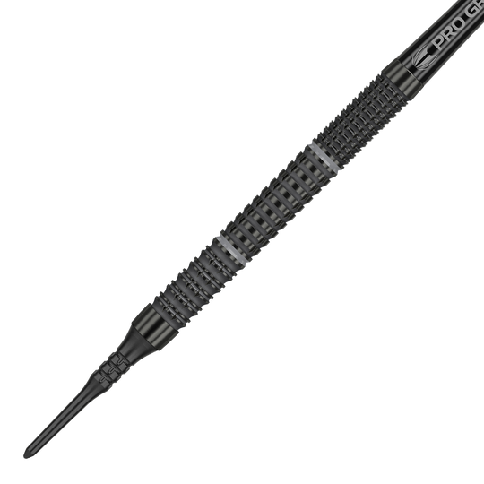 210058_Target_Echo_11_Softdarts_2 Das Bild zeigt einen Target Echo 11 Softdart mit schwarzem, strukturiertem Griff. Die Spitze ist ebenfalls schwarz und aus Kunststoff gefertigt.