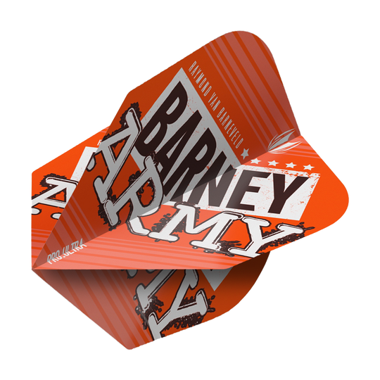 TG64_334310_Target_ProUltra_Barney_Army_Orange_Ten-X_Flights_2 Das Bild zeigt ein orangefarbenes Dart-Flight mit der Aufschrift "Barney Army". Das Design ist auffällig und enthält weiße und schwarze Schriftzüge sowie grafische Elemente.