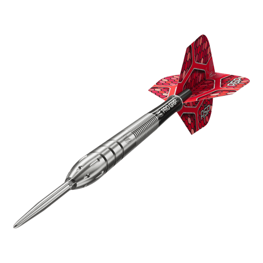 Target Nathan Aspinall GEN1 Swiss Point steel darts Auf dem Bild ist ein Target Nathan Aspinall GEN1 Swiss Point Steeldart zu sehen. Der Dartpfeil hat einen silbernen Schaft und rote Flights mit Wabenmuster.