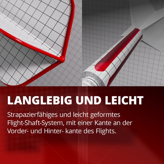 Target K-Flex Dimitri Van Den Bergh No2 Standard Flight Shaft System Das Bild zeigt ein langlebiges und leichtes Flight-Shaft-System mit rotem Rand und Gittermuster. Es betont die strapazierfähige und leichte Bauweise mit speziellen Kanten am vorderen und hinteren Bereich des Flights.