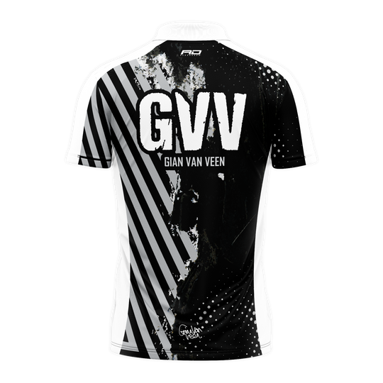 Red Dragon Gian Van Veen Limited Edition Dartshirt präsentiert sich auf dem Bild. Das Dartshirt ist eine exklusive Sonderedition.