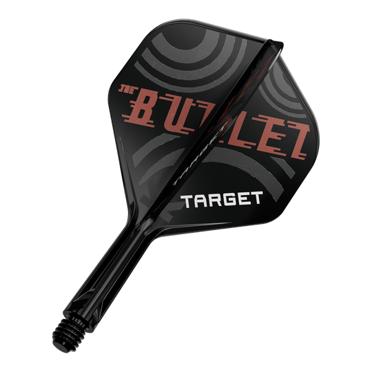 Target K-Flex Stephen Bunting No2 Standard Flight Shaft System Das Bild zeigt einen schwarzen Dartpfeil mit der Aufschrift „THE BULLET“ und „TARGET“ auf den Flügeln. Die Flügel haben ein modernes, kreisförmiges Design in Grau und Rot.
