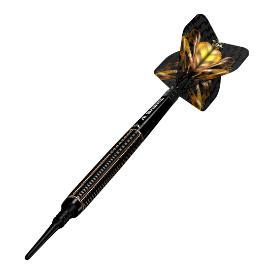 Mission Scorpion soft darts - 19g Das Bild zeigt einen Mission Scorpion Softdart mit einem Gewicht von 19 Gramm. Der Dartpfeil ist schwarz-gold gestaltet und hat ein auffälliges Flight-Design.