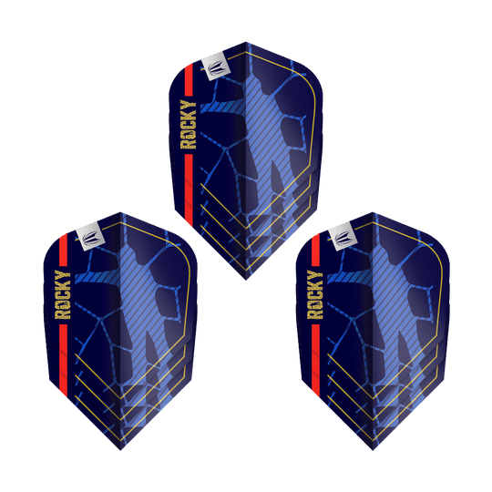Target Pro Ultra Josh Rock GEN1 Ten-X Flights - 3 Sets Das Bild zeigt drei Sets der "Target Pro Ultra Josh Rock GEN1 Ten-X Flights". Die Flights sind dunkelblau mit gelben und roten Akzenten und dem Schriftzug "ROCKY".