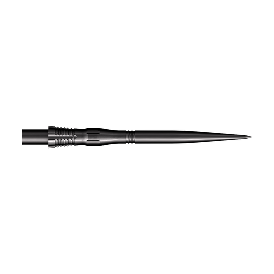 Das Bild zeigt eine schwarze Steeldart-Spitze mit dem Namen "Shot Cone Scallop". Die Spitze ist 35 mm lang und hat eine schlanke, gezackte Form.