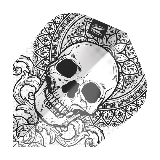 TG488_335480_Target_ProUltra_Ink_Grey_No6_Flights_1 Dieses Bild zeigt das Produkt "Target ProUltra Ink Grey No6 Flights". Auf dem Flight ist ein detailreich gezeichneter Totenkopf mit ornamentalen Mustern abgebildet.