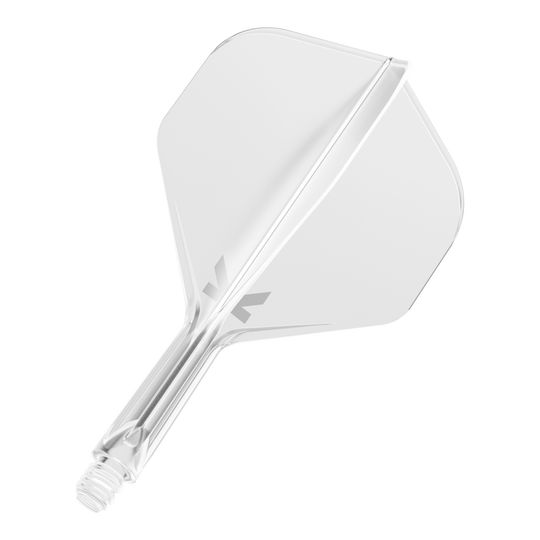 Target K-Flex No2 Standard Flight System - Clear Das Bild zeigt einen durchsichtigen Dartflug mit integriertem Schaft. Das Design ist schlicht und klar, mit einem kleinen grauen Logo am Schaftansatz.