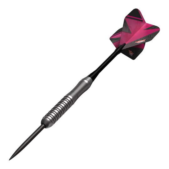 Bulls NL Lightning Pink steel darts Das Bild zeigt einen Steeldartpfeil mit silbernem Griff und einer pink-schwarzen Flights. Es handelt sich um das Produkt "Bulls NL Lightning Pink Steeldarts".