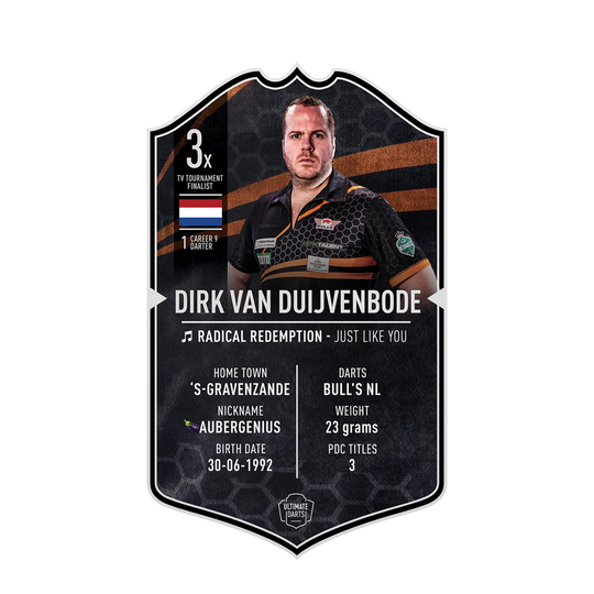 Ultimate Darts Card - Dirk Van Duijvenbode Die Abbildung zeigt eine Ultimate Darts Card von Dirk Van Duijvenbode. Auf der Karte stehen Informationen wie sein Spitzname "Aubergenius", seine Heimatstadt ’s-Gravenzande und sein Geburtsdatum, 30.06.1992.