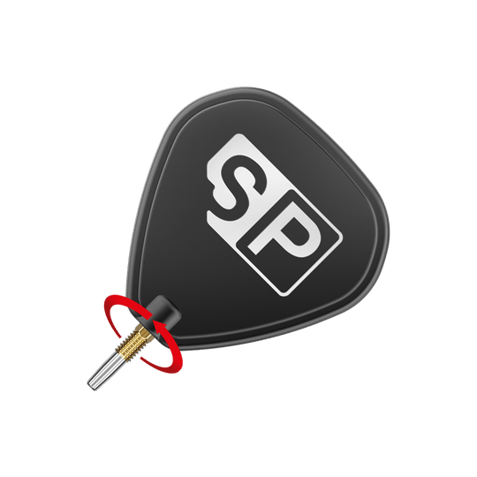 Target Swiss Point RVE dart tips - Gold Das Bild zeigt eine Dartspitze mit einem schwarzen Flight, auf dem "SP" steht. Ein roter Pfeil deutet auf eine Drehbewegung an der goldenen Spitze hin.