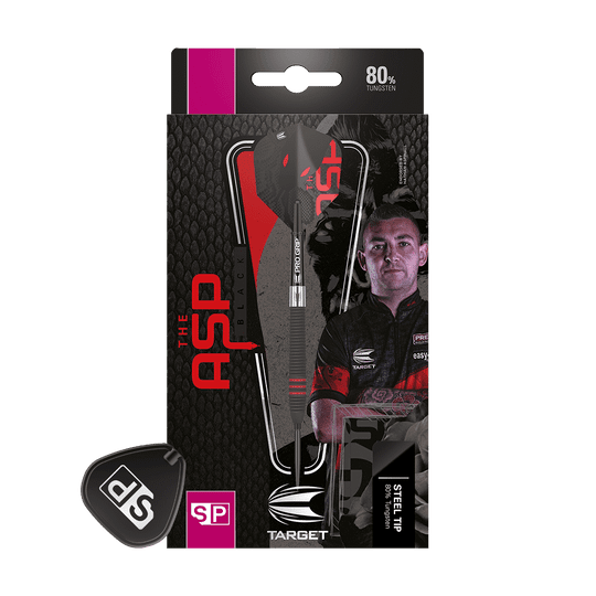 190216_Target_Nathan_Aspinall_Black_Swiss_Point_Steeldarts_3 Auf dem Bild ist eine Verpackung für Steeldarts der Marke Target zu sehen. Auf der Verpackung steht „The ASP Black“ und zeigt einen Dartspieler sowie einen einzelnen Dartpfeil.
