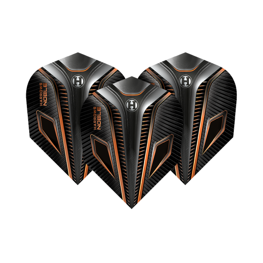 HR5_Harrows_Noble_Rich_Gold_Standard_Flights_1Vod1kggTQ5SIh Das Bild zeigt drei Harrows Noble Rich Gold Standard Flights. Die Flights sind schwarz mit goldenen und orangefarbenen Akzenten gestaltet.