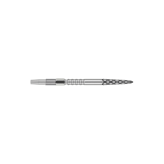 Target Swiss DS Surge Point Dart Tips - Silver Das Bild zeigt eine silberne Dartspitze mit mehreren feinen Rillen und Mustern. Die Spitze ist lang und schlank mit unterschiedlichen Strukturen zur besseren Griffigkeit.