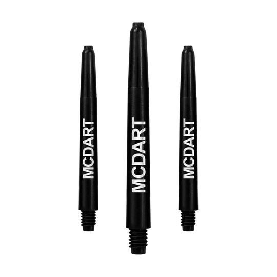 Auf dem Bild sind drei schwarze Nylon-Dartschäfte zu sehen. Auf jedem Schaft steht das Wort "MCDART" in weißer Schrift.