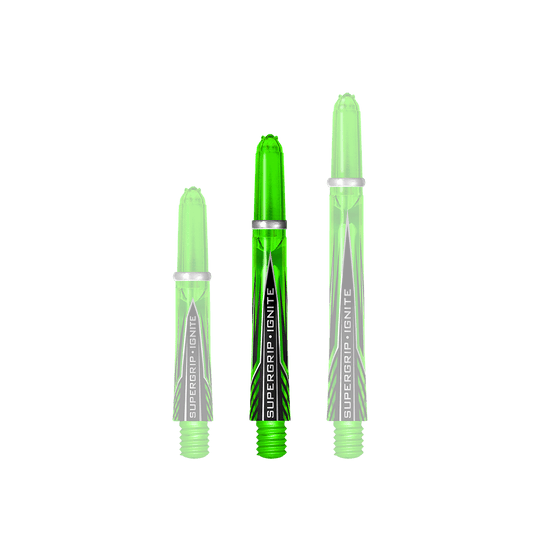 HR390_Harrows_Supergrip_Ignite_Shafts_Gr-n_40mm_1 Das Bild zeigt drei grüne Harrows Supergrip Ignite Shafts in unterschiedlichen Längen. Die Shafts sind glänzend und haben ein modernes Design mit schwarzem Schriftzug.