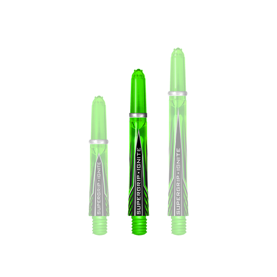 HR390_Harrows_Supergrip_Ignite_Shafts_Gr-n_40mm_1 Harrows Supergrip Ignite Shafts in einer klaren Anordnung. Die Schäfte heben sich im Bild gut ab.