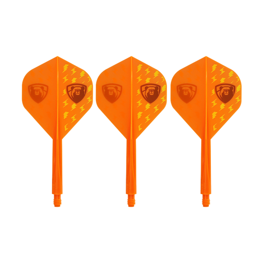 Condor AXE Thunderbolt Orange Flight-System - Standard Das Bild zeigt drei orangefarbene Dart-Flights mit integriertem Schaft. Sie haben ein Blitzmuster und ein Logo auf jeder Flight-Seite.