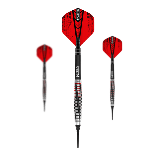 Red Dragon Rifle Soft Darts - 20g Das Bild zeigt drei Softdarts des Modells „Red Dragon Rifle Softdarts - 20g“. Die Darts haben schwarze und rote Flights mit silber-schwarzem Schaft und Spitze.