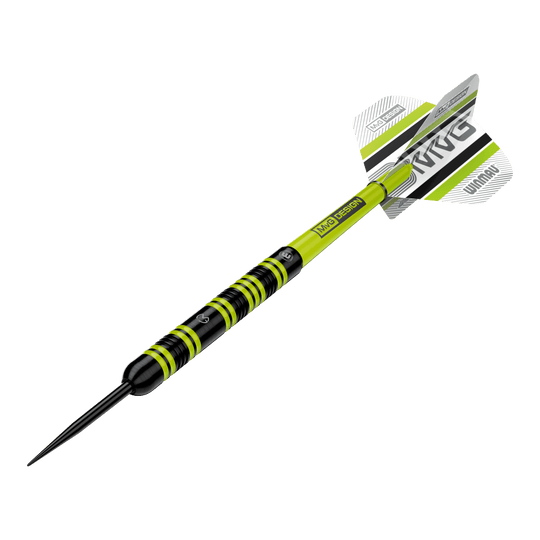 Winmau Michael Van Gerwen 85 Pro-Series steel darts Das Produkt Winmau Michael Van Gerwen 85 Pro-Series Steeldarts ist in einer alternativen Ansicht abgebildet. Die Darts sind in einer Linie angeordnet.