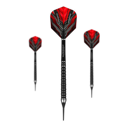 Harrows Supergrip Ultra soft darts Das Bild zeigt drei Harrows Supergrip Ultra Softdarts mit roten Flights und schwarzem Schaft. Die Darts haben ein modernes, sportliches Design mit silbernen Ringen am Griff.
