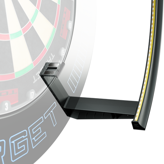 Target Corona Vision 2 lighting system Zu sehen ist das Target Corona Vision 2 Beleuchtungssystem. Die Lichtquelle ist rund um das Dartboard montiert.