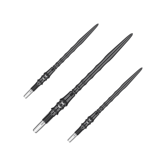Target Japan Premium Swiss Point Steel Dart Tips - Black Das Bild zeigt ein Set von schwarzen Steeldartspitzen, SwissPoint, 40 mm von Target Japan Premium. Mehrere Spitzen sind nebeneinander angeordnet.